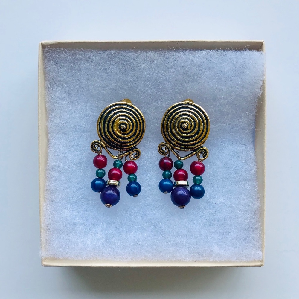 Vintage Gold Spiral Beaded Clip-On Earrings